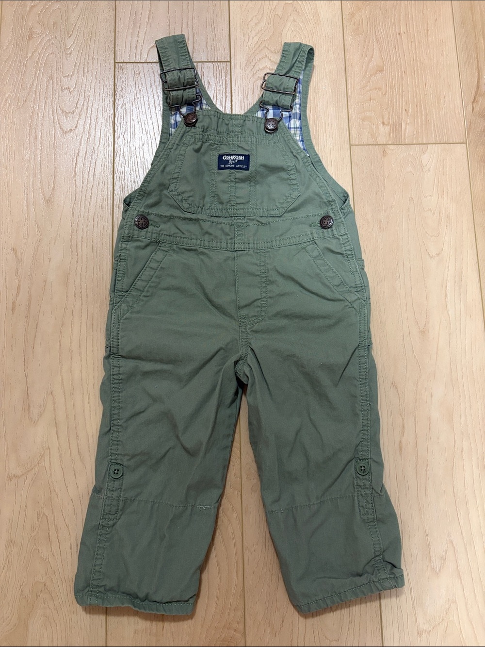 OshKosh B’gosh Green Lightweight Canvas Overalls with Plaid Accents, sz 2T